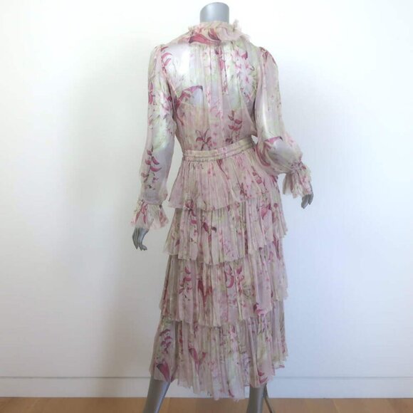 Zimmermann Winsome Tiered Midi Dress Light Pink Floral Crinkled Chiffon Size 1 - Picture 5 of 9